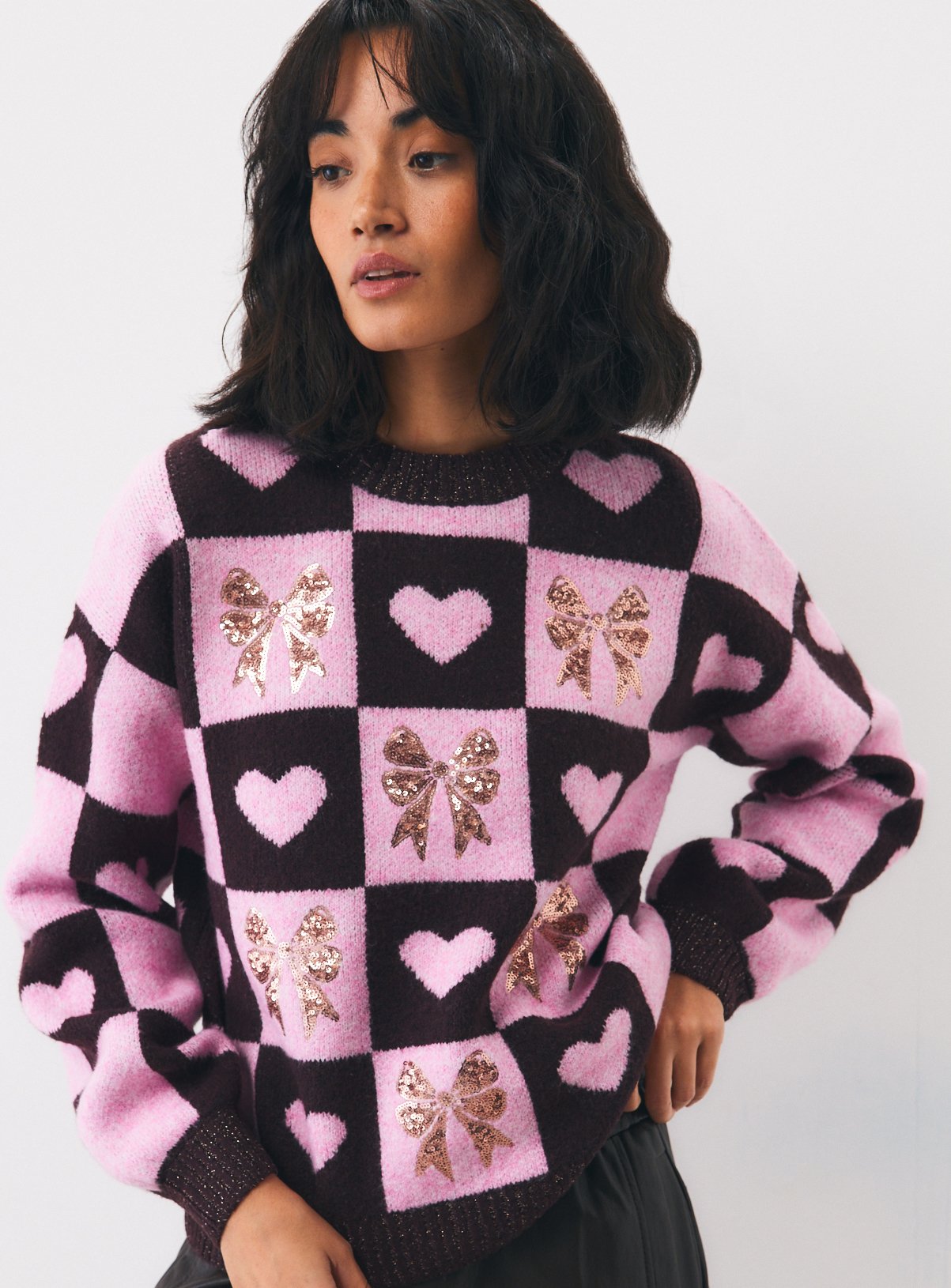 Christmas Purple Checkerboard Bow Jumper XS - Image 2 thumbnail